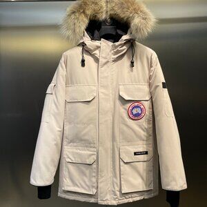 Canada Goose Beige Fur Trim Hooded Parka Jacket for Men, Full Zip, Size S